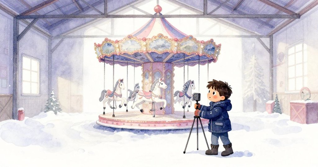 Leo在空曠的倉庫中設置相機，旁邊是塵封的旋轉木馬，空曠背景襯托出靜謐與神秘感