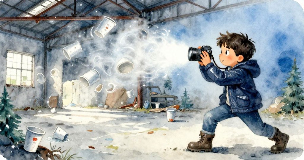 冷風驟起時，Leo迅速抓住搖晃的相機，碎紙杯在冰藍色光影中飛舞，展現緊張又急迫的瞬間