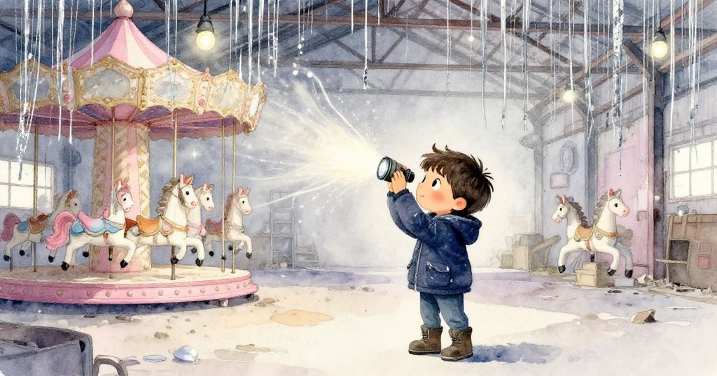 在幽暗的倉庫內，銀色亮片從橫梁緩降，與微弱燈光及沉塵馬匹交織，Leo正擦拭鏡頭，眼神充滿驚奇