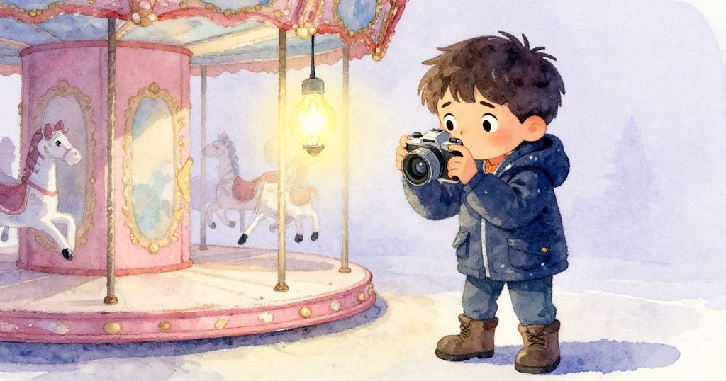 緊張時刻，一盞孤燈突然亮起，映照著朦朧木馬，Leo凝神調整相機，臉上流露堅定與期待