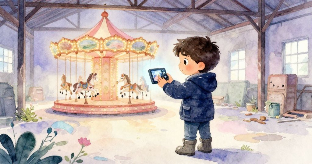 拍攝完成後，Leo低頭查看相片，顯示木馬朦朧轉動，光線柔和漸隱，充滿神秘溫柔告別情懷