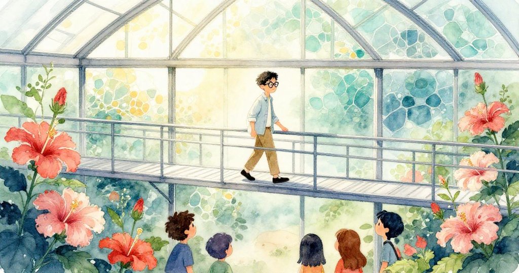 喬納正邁入玻璃溫室的金屬步道上,背景有五彩扶桑花和透光面板,表情充滿期待,遊客輕步下行。