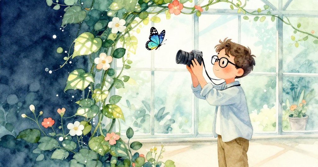 喬納停在花藤前,舉起相機仔細觀察罕見閃光蝴蝶,玻璃散射光線與花卉交織出迷人圖案,展示細膩探索。