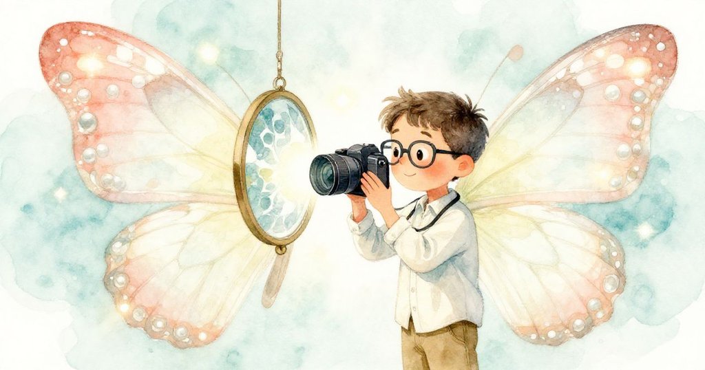 喬納注視懸掛鏡中相機上無限重疊的蝴蝶翅膀,奇幻幾何構圖展現神秘美感,充滿驚奇與魔幻風情。