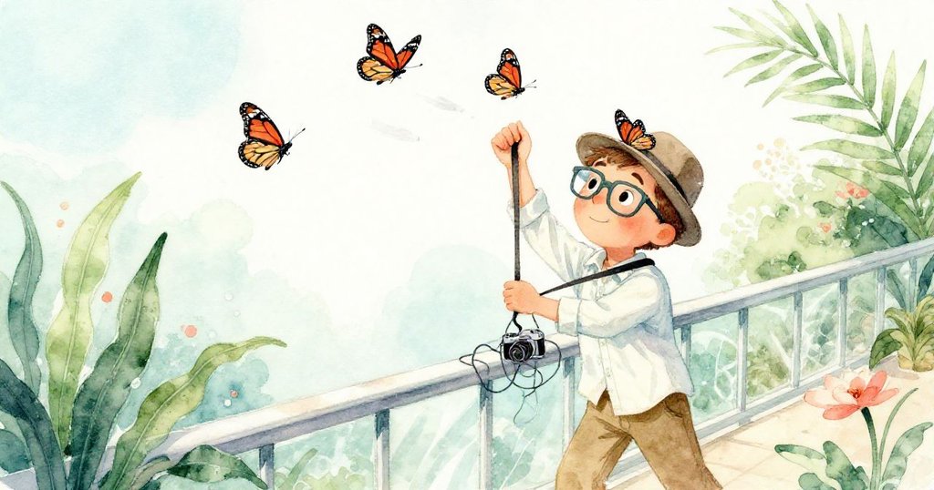 喬納掙脫纏住的相機帶,動作活潑迅捷,旁有皇蝶輕觸帽邊,孩童的急步影子隱約出現,氣氛充滿俏皮與活力。