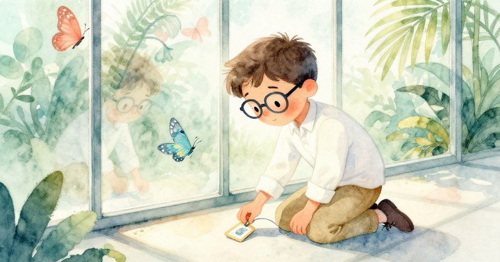 喬納蹲下拾起閃亮的辨識標籤,臉上流露好奇和喜悅,背景中棕櫚與鏡影交織,暗示著神秘旅程尚在繼續。