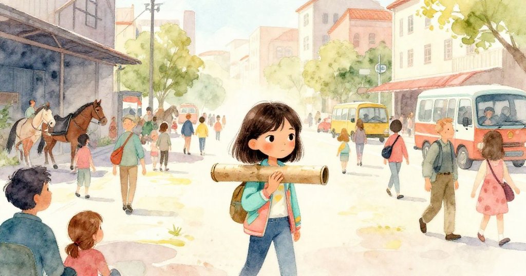 米拉在人潮擁擠的石市廣場中前行，表情專注，背景充滿動感與柔和晨光照耀。