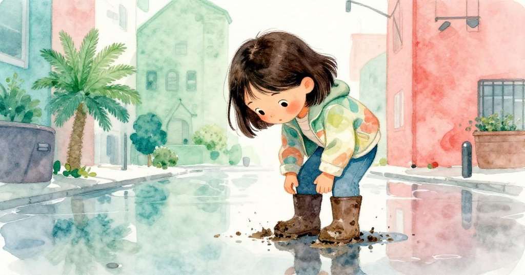 米拉仔細檢查雨後泥濘靴子，濕潤路面反射出她專注眼神，畫面充滿溫柔光影與細膩情感。