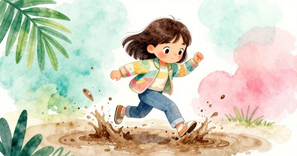 米拉不慎踩入泥淖中，濺起泥水，動作滑稽生動，背景為雨後濕潤街道與乾草堆映襯。