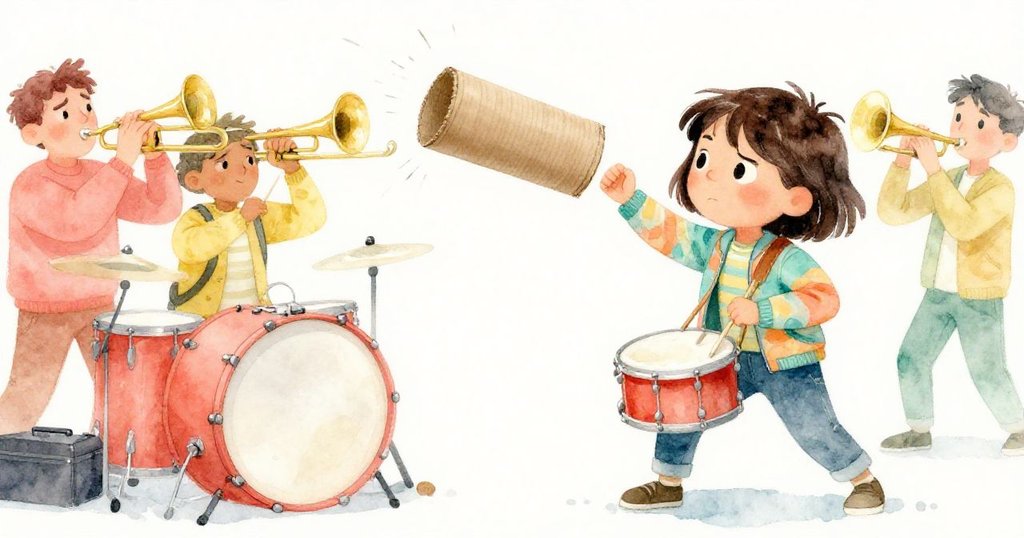 紙筒在管樂隊演奏高潮時彈起碰撞，米拉和樂手神情驚訝，畫面定格動態幽默瞬間。