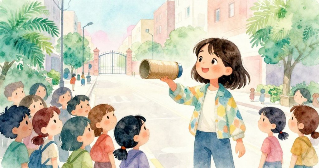 米拉撿回紙筒後臉上帶著輕鬆微笑，轉身加入平和人群，背景由喧鬧漸入寧靜，展現故事後續。