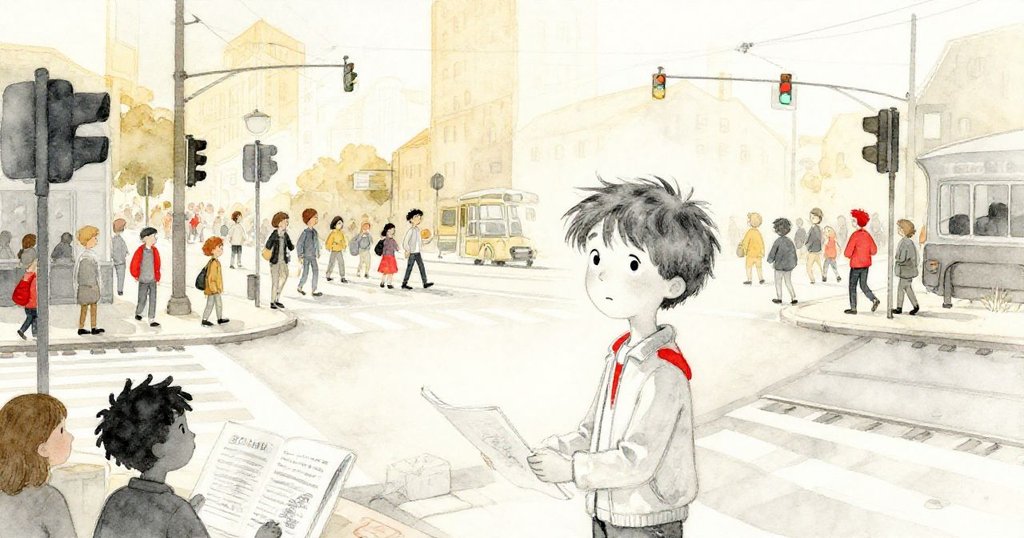 哈珀在鐵路道口展開畫冊,與母親推車、騎車者圍觀,背景繁忙卻溫暖,表情專注充滿期待。