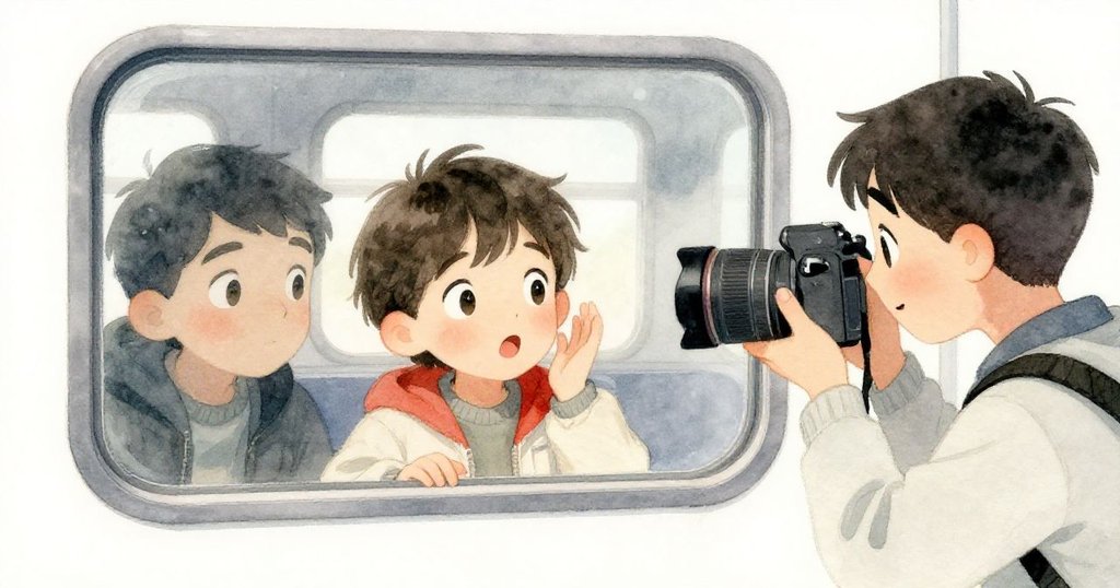 哈珀因相機帶被扯而專注解決問題,與反射在火車窗中的攝影師目光交會,表情驚喜默契。