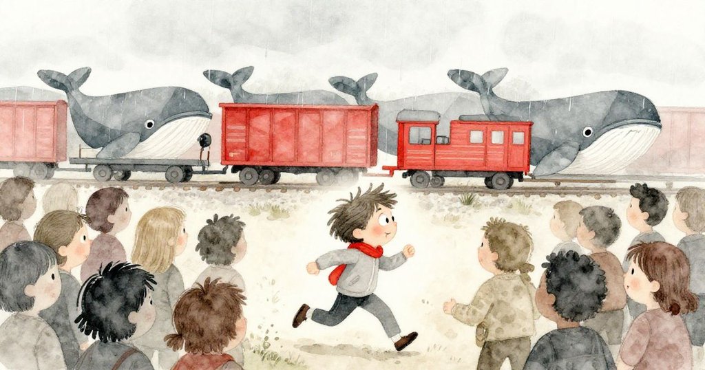 哈珀急步穿過人群缺口,趕往寧靜側線,背景展示幾何鯨魚的貨車與初降細雨,表情堅定專注。