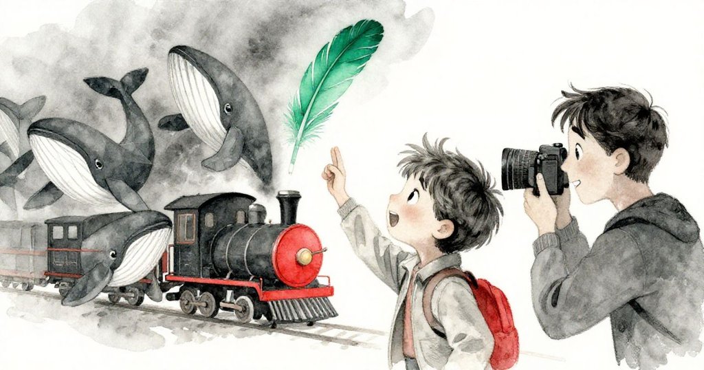 哈珀捕捉貨車最後一節上的翡翠羽毛,與攝影師默契慶賀,背景列車上幾何鯨魚圖案鮮明,情緒高昂。