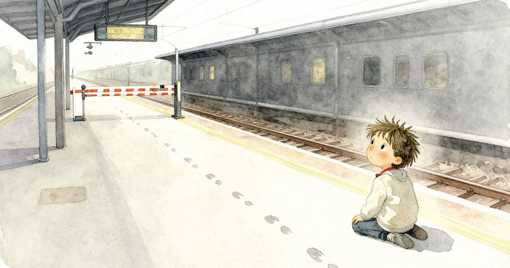 夕陽下空曠月台呈現柔和光影,哈珀靜思回顧旅程,畫面有舉起的欄杆與散落人影,充滿寧靜溫馨感。