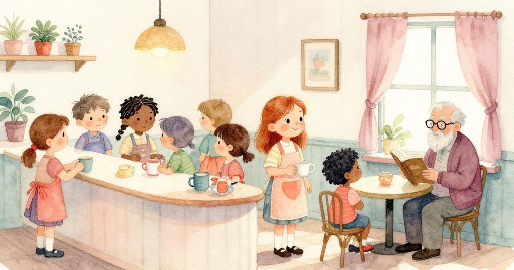 克拉拉在溫暖晨光中忙著擺放杯子,哲學家靜坐閱讀,其餘客人有序排隊,展現出活力與互動的咖啡館場景。