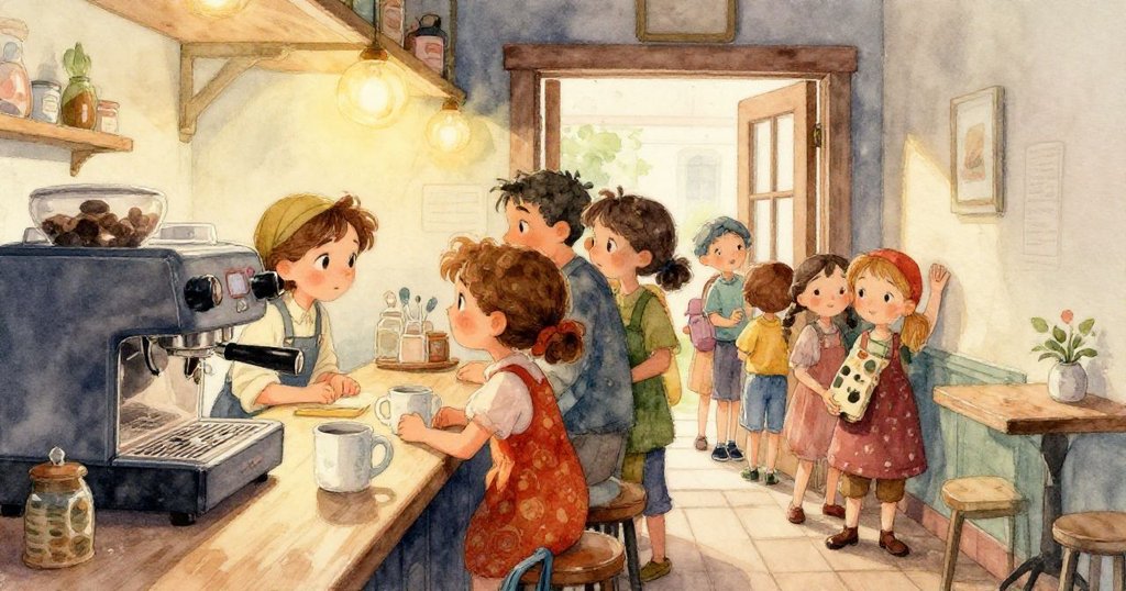 特寫描繪咖啡館櫃檯上杯子與碟子細膩質感,硬幣微光映襯,呈現出溫柔而精緻的氛圍。