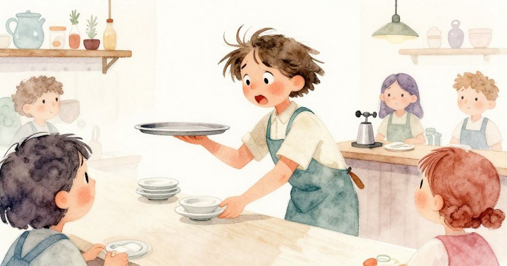 從克拉拉視角看見初學者急推托盤,盤子搖搖欲墜,氛圍中流露出驚慌與專注的咖啡館瞬間。