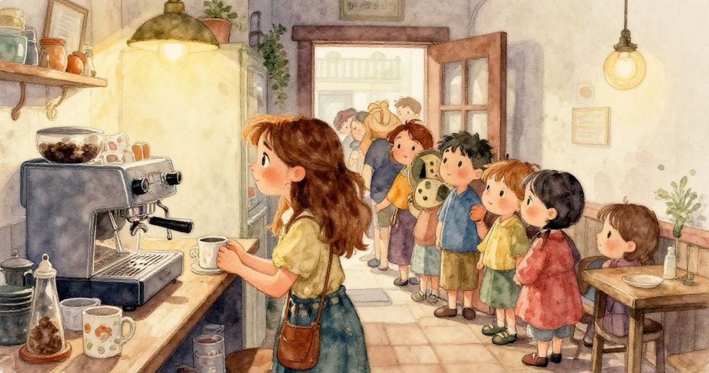 不可能幾何的咖啡館中,盤子懸浮並由哲學家手杖輕觸定格,呈現出夢幻般奇異的空間錯位效果。