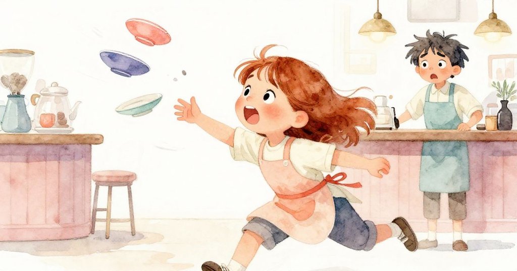 克拉拉奮力撲向落盤,背景中初學者展現焦慮與悔意,呈現出激烈動作與挑戰瞬間的咖啡館場景。