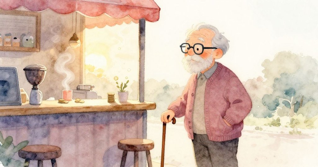 日落金光中,哲學家收起筆記本走出咖啡館,櫃檯上飄著蒸氣與閃爍硬幣,充滿溫馨寧靜氛圍。