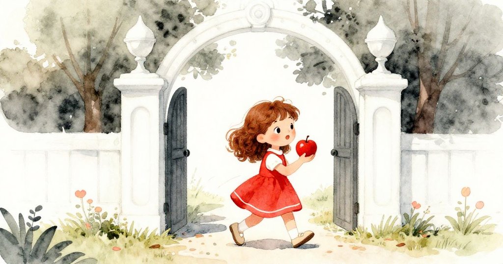 露西拿著紅蘋果走入公園入口處，背景有拱形門和綠意，露西面帶期待微笑，展開冒險旅程。