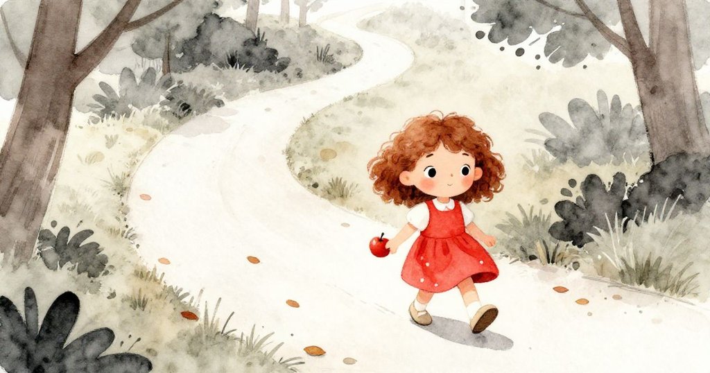 露西沿著落葉鋪成的小徑前行，專注走路，手中握著紅蘋果，背景有綠樹和柔和光線，充滿期待。