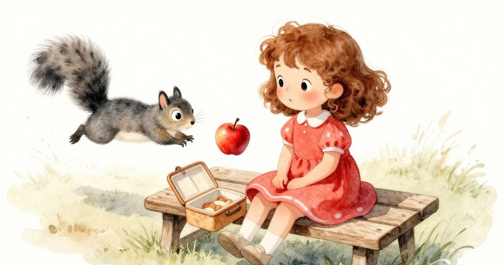 露西坐在木長椅上擺開野餐，打開袋子時一隻好奇松鼠跳向紅蘋果，高角度俯視展現溫馨互動。