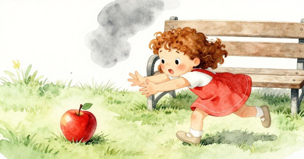 露西急忙伸手攔停從長椅上滾落的紅蘋果，草地柔綠，動作急促且表情決心，營造緊張又溫馨氣氛。