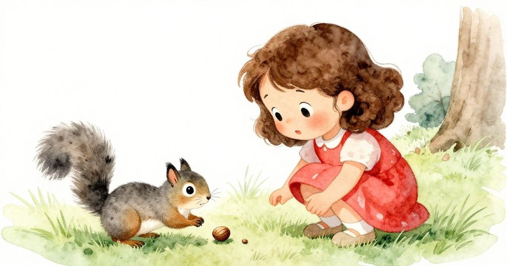 露西輕輕將蘋果放回長椅，撒出兩顆堅果，小松鼠迅速奔向堅果，近距離展現互動與和諧公園氛圍。