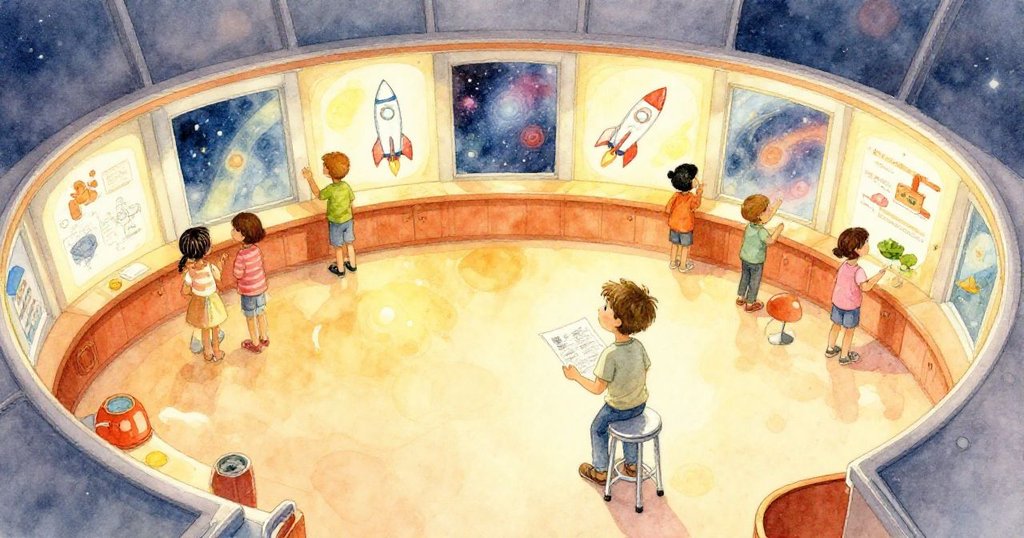 Caleb手持畫冊進入天文館大廳,從高處俯瞰溫暖明亮環境,家庭聚集,充滿期待和歡喜氛圍。