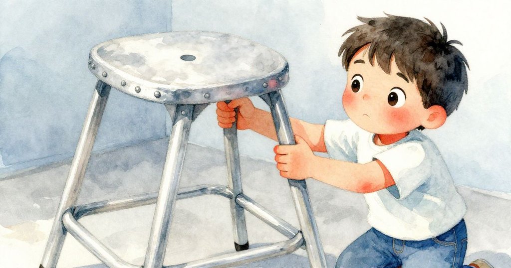 Caleb專注操作摺疊椅,手部動作精細顯示金屬質感,神情堅定,近景呈現工具細節與努力氛圍。