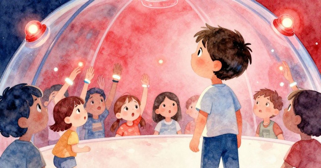 Caleb以第一人稱角度觀察天花板散落光點,家庭圍觀,神情驚奇與好奇,現場氛圍活潑奇幻。