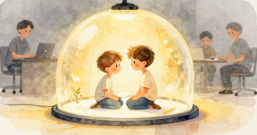 Caleb穩坐摺疊椅上認真繪圖,背景隱約有技術人員忙碌,燈光溫暖,呈現過去與現在交織的情懷。