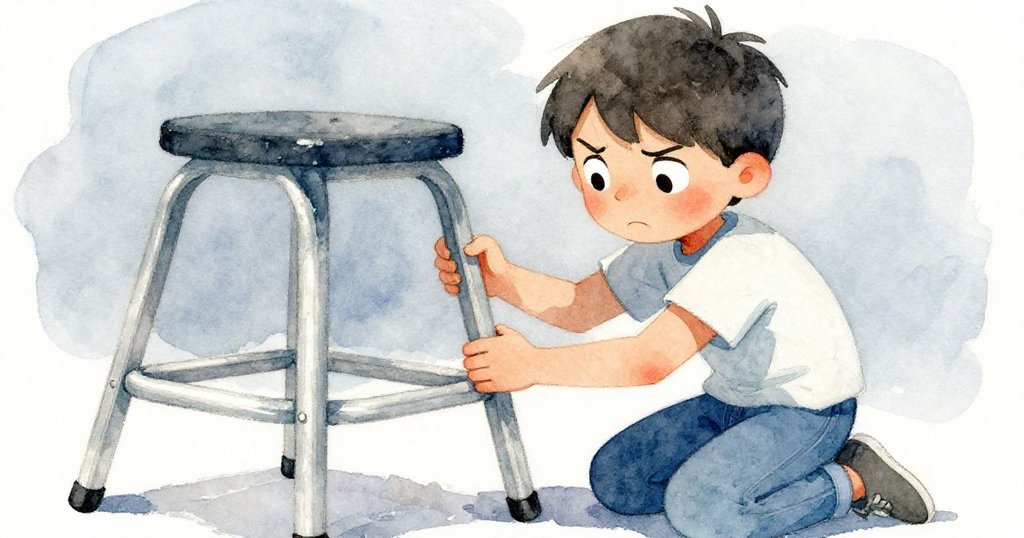 Caleb在摺疊椅滑動瞬間急忙蹲下調整,臉上寫滿緊張與堅毅,現場緊繃充滿挑戰。