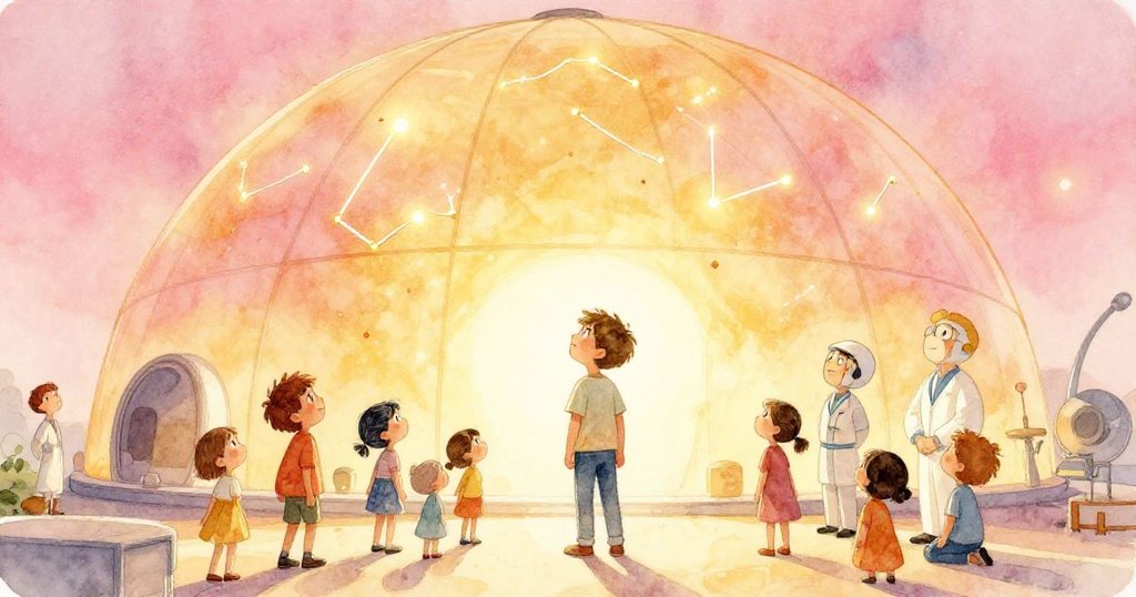 Caleb與家庭及技術人員圍聚欣賞恢復運作的星空,投影閃爍間傳遞溫馨團聚與喜悅的心情。