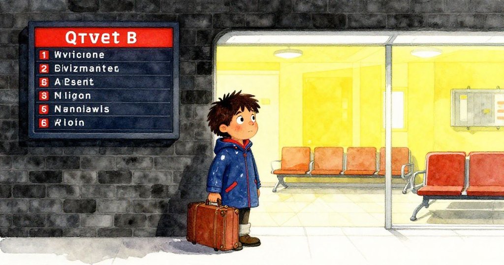 Lionel在車站大廳凝視閃爍的班次板，背景對比濃重的黑磚牆與溫暖候車區，表情既迷惑又好奇。