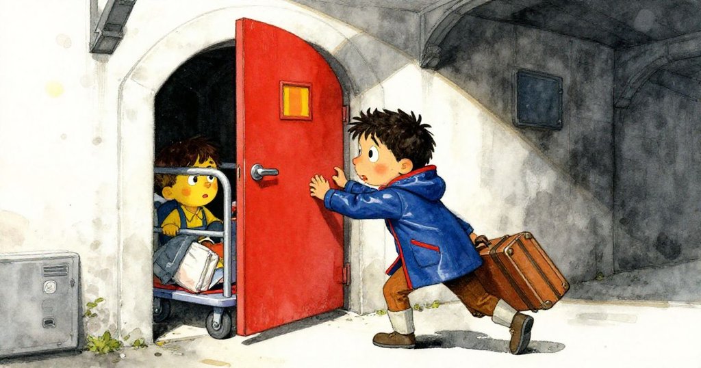 Lionel急促推開吱嘎作響的服務門，在狹窄拱頂走廊中與維修推車互動，眼神透露著緊張與決心。