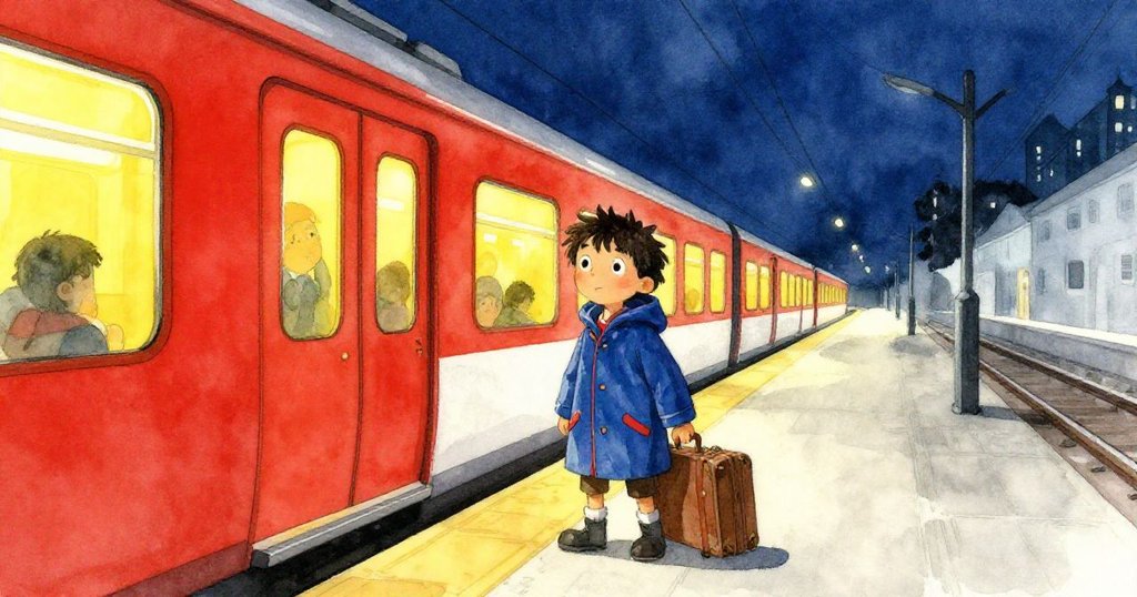 Lionel最終跨入正確車廂，背後平台燈光穩定照明，表情堅定中帶著釋然與希望，夜晚都市氣氛濃厚。