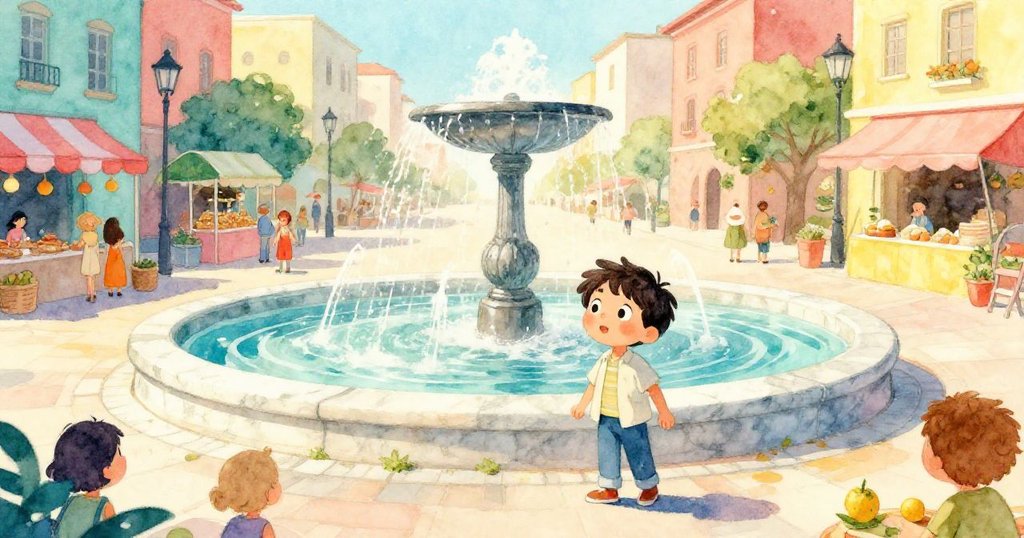 路卡站在大理石廣場邊緣，舉著相機捕捉閃耀噴泉和熱鬧市場，臉上充滿期待與興奮