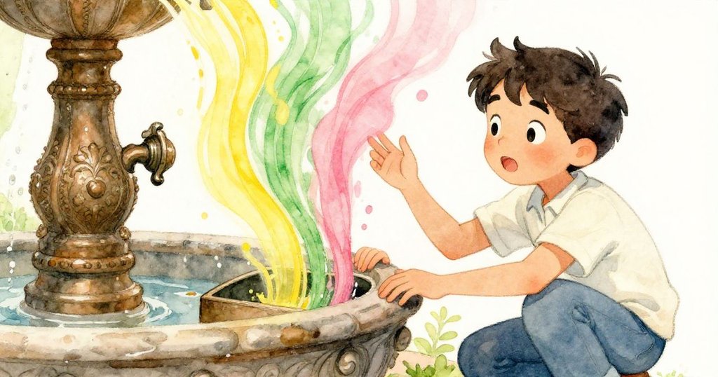 路卡蹲在噴泉旁細看機關開啟，彩色緞帶自中露出，他露出驚奇和好奇的表情