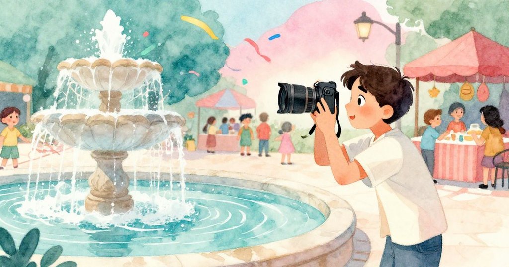 路卡蹲低捕捉噴泉與緞帶的瞬間，層次分明的霧氣與市場人群營造出水光交融的奇妙畫面