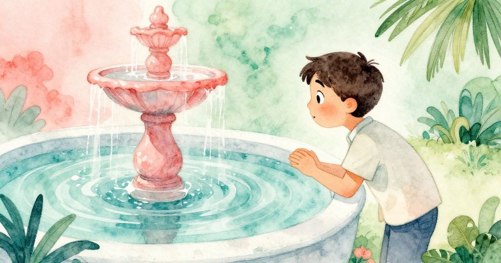 路卡凝視噴泉鏡面，真實與夢幻交織，臉上流露出驚奇與沉思，映出柔和色彩的幻影世界