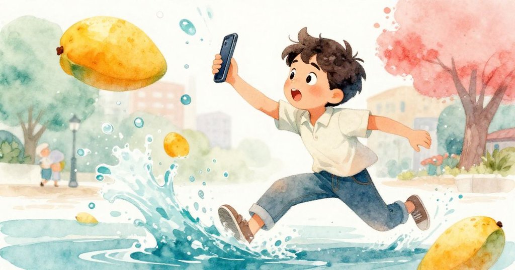 路卡急速伸手趕接掉落手機，濕滑水花四濺，臉上既驚慌又堅定，動態捕捉重要瞬間