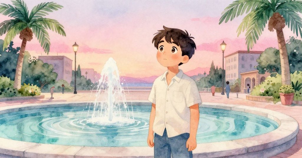 路卡靜靜站立欣賞噴泉鏡面反射夕陽溫柔光影，收起手機後的表情平和，廣場逐漸回歸寧靜