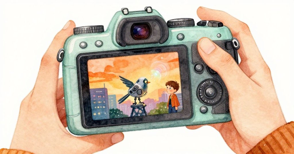 艾利亞斯專注操作相機,捕捉機械鳥剪影細節,溫暖燈光映襯神秘展廳,探索真相。