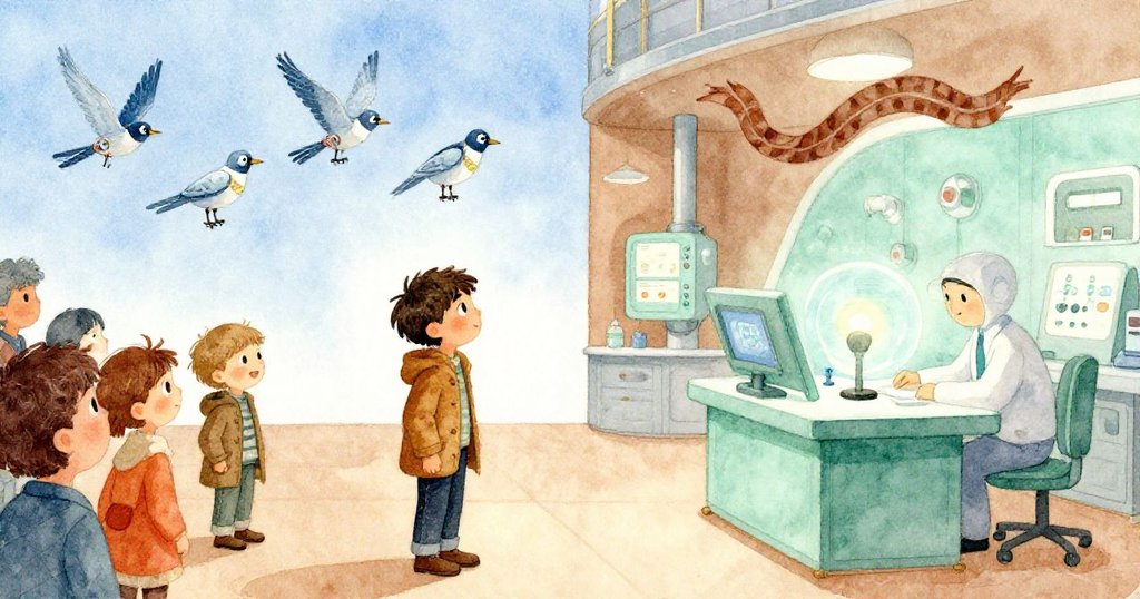 艾利亞斯注視機械鳥凍結,技術員操作儀器觸發變化,一條圍巾輕飄引出情節轉機,緊張而奇幻。