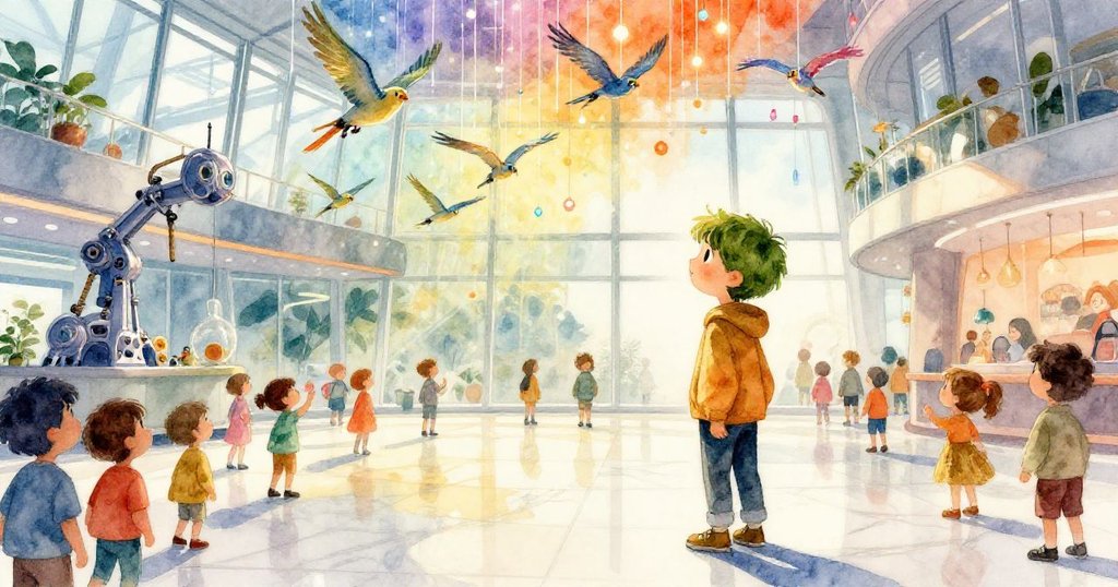 中央平台上機械鳥激活動作發出彩光,艾利亞與群眾驚喜凝神,展現從凝固到活躍的情節變化。