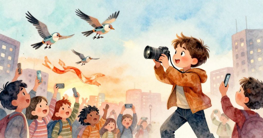 艾利亞斯捕捉機械鳥舞動與圍巾飄逸瞬間,臉上滿溢驚喜,群眾手機共賞奇景,高潮迭起。